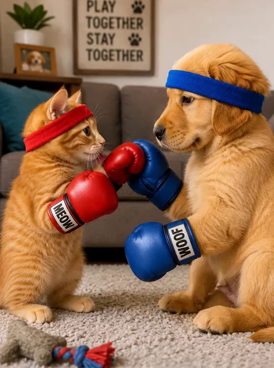Funny image-style video of an orange cat and golden puppy wearing boxing gloves and headbands.