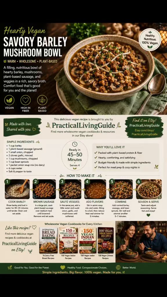 Recipe infographic video for a savory vegan barley mushroom bowl with mushrooms and vegetables.