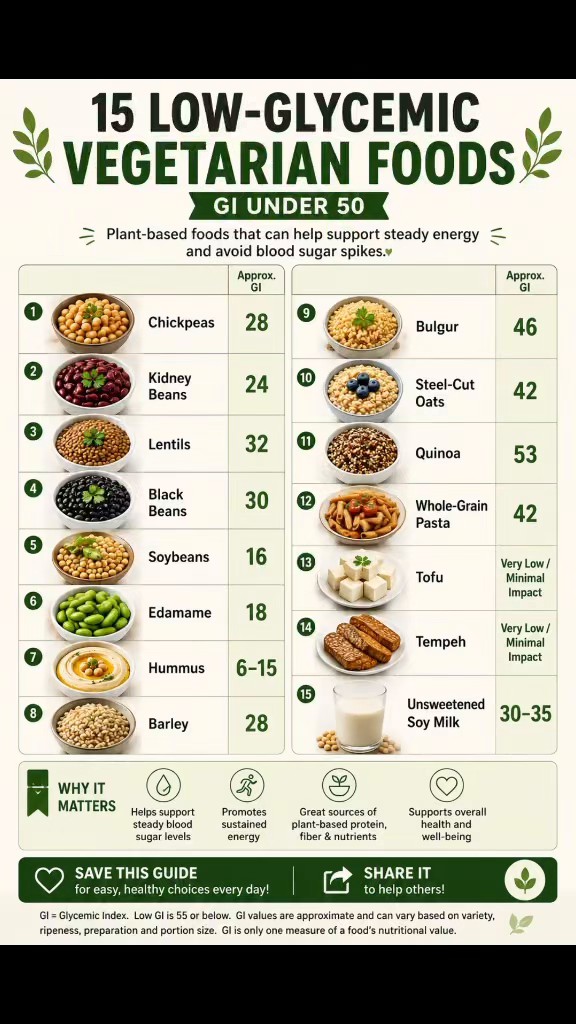 Chart listing 15 low-glycemic vegetarian foods with food images and glycemic-index values.