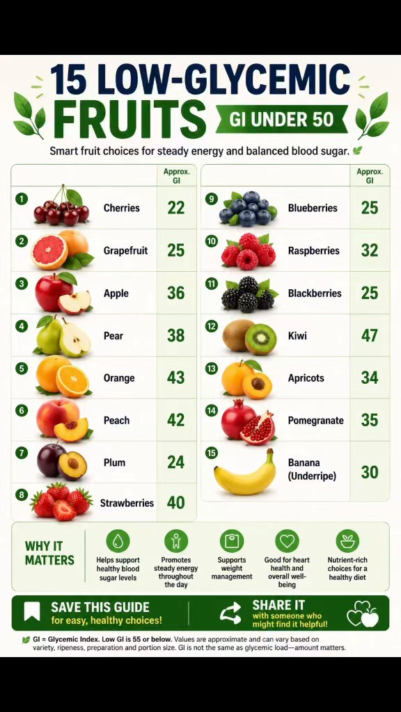 Low-glycemic fruit chart showing 15 fruits with images and glycemic-index values.