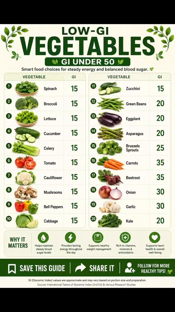 Low-glycemic vegetable chart with vegetable images and glycemic-index values.