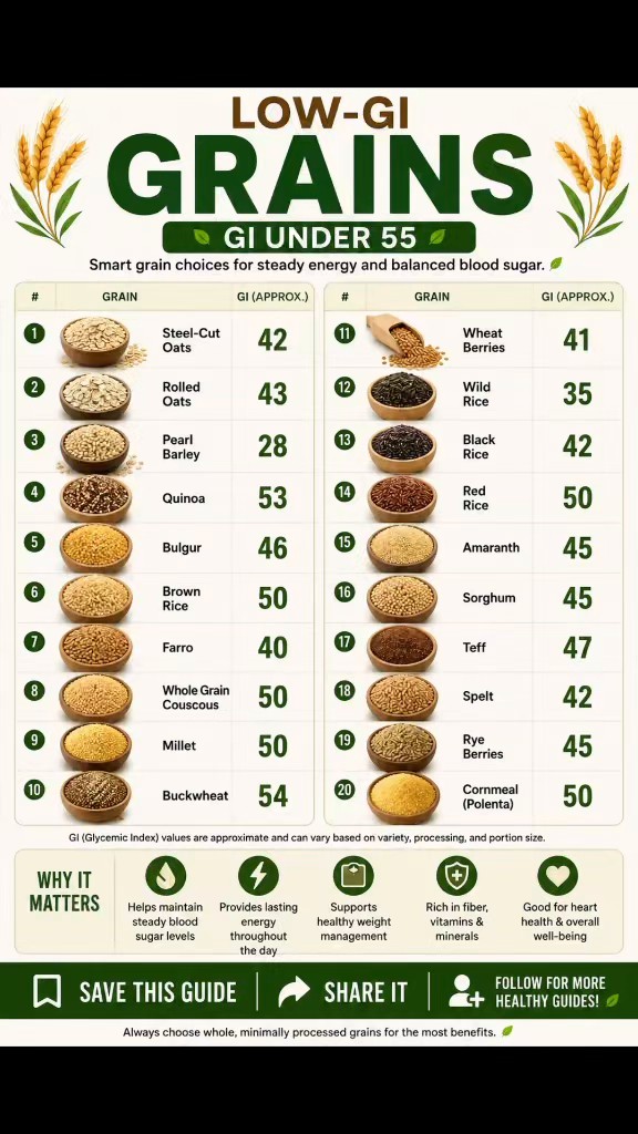 Low-glycemic grains chart showing grain images and glycemic-index values.