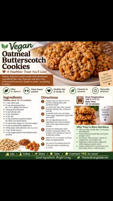 Vegan oatmeal butterscotch cookie recipe card with oats, flaxseed, nut butter and dairy-free butterscotch-style morsels.