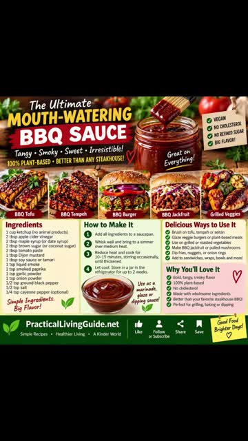 Homemade vegan BBQ sauce recipe card with ketchup, vinegar, maple syrup, mustard, smoked paprika and serving ideas for plant-based foods.