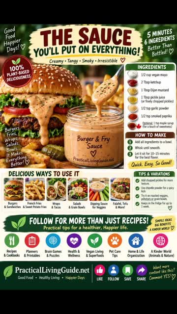 Vegan burger and fry sauce recipe card with vegan mayo, ketchup, Dijon mustard, pickle juice, smoked paprika and maple syrup.