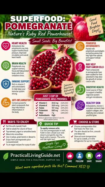 Pomegranate superfood infographic highlighting antioxidants, fiber, vitamin C, potassium, serving ideas and storage tips.