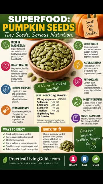 Pumpkin seeds superfood infographic highlighting magnesium, plant protein, healthy fats, zinc, iron, fiber, serving ideas and storage tips.