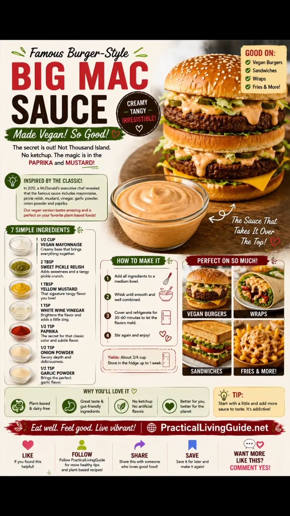 Vegan Big Mac-style burger sauce infographic with a plant-based burger, creamy sauce, ingredients, preparation steps and serving ideas.