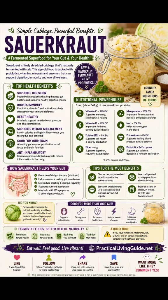 Sauerkraut infographic showing fermented cabbage, nutrition highlights, possible live cultures, serving ideas and storage tips.