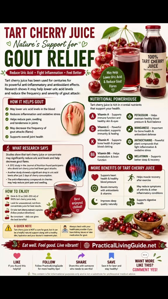 Tart cherry juice and gout infographic with cherries, a juice bottle, gout information, research notes and practical serving guidance.