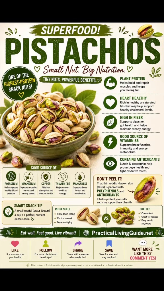 Pistachio superfood infographic featuring a bowl of pistachios with plant protein, fiber, healthy fats, nutrient highlights and snack ideas.