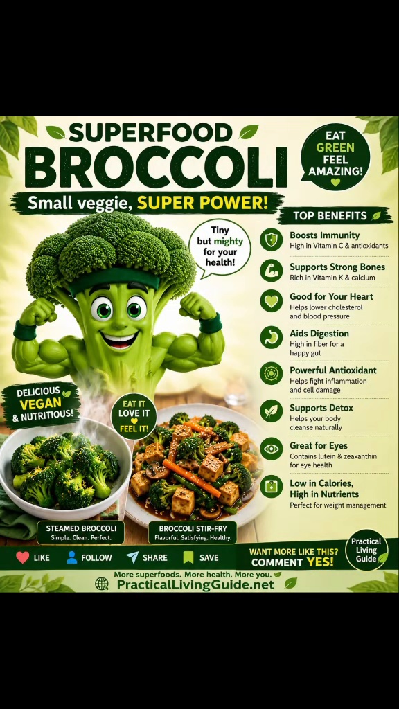 Broccoli superfood infographic with broccoli florets, nutrition highlights, healthful nutrients and simple ways to prepare the vegetable.