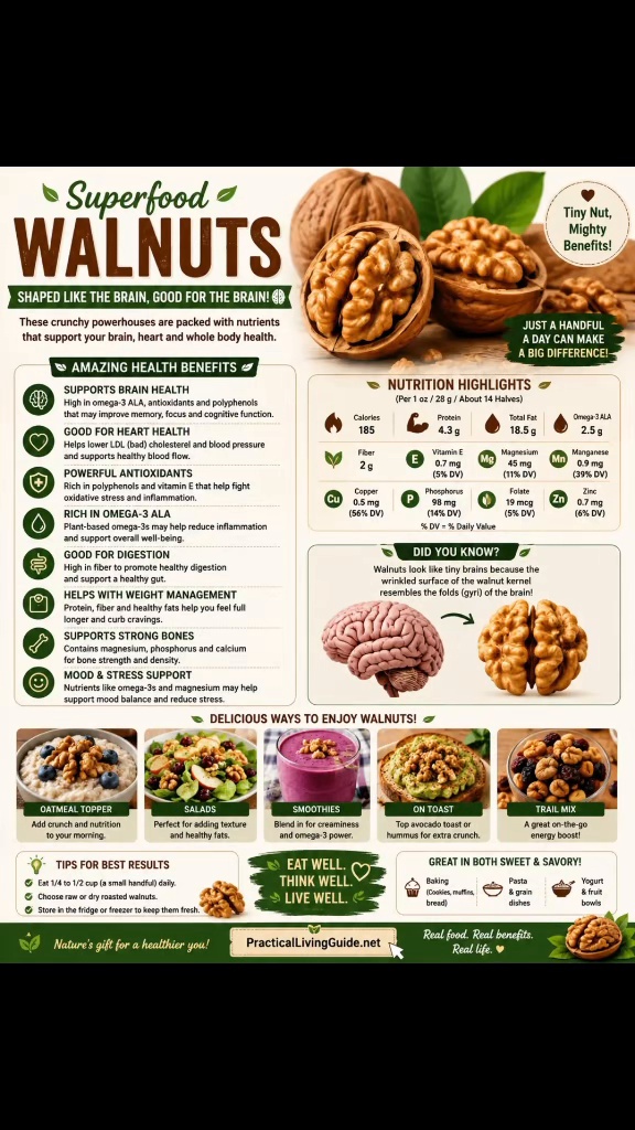 Walnut superfood infographic with whole and shelled walnuts, omega-3 ALA, fiber, plant protein, nutrition facts and serving ideas.