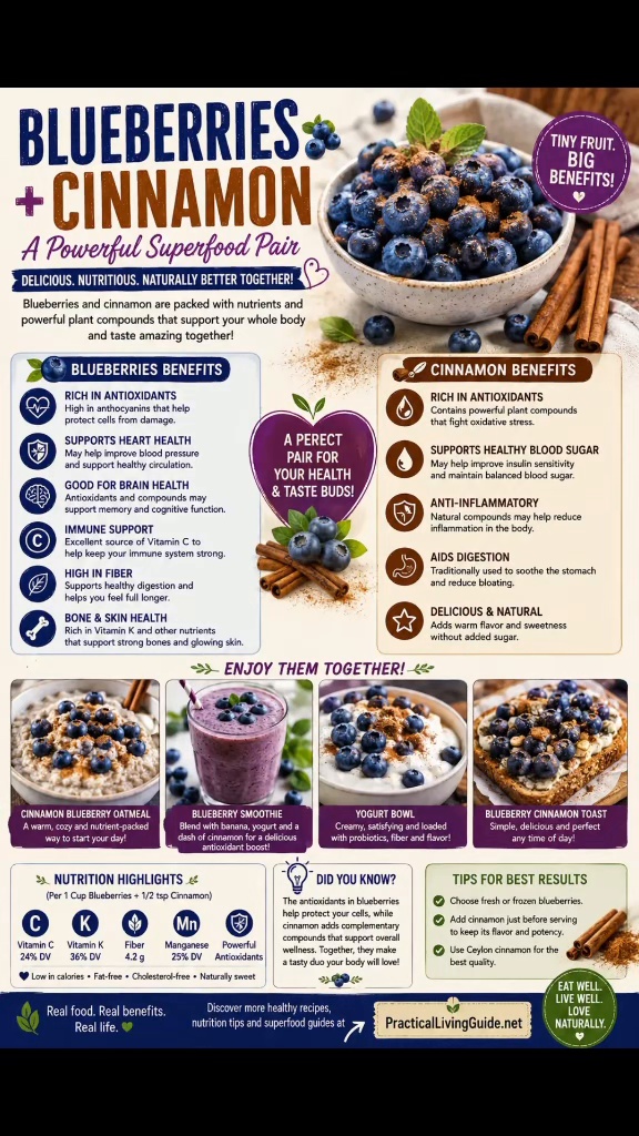 Blueberries and cinnamon infographic showing fresh blueberries, cinnamon, nutrition highlights and ideas for oatmeal, smoothies and breakfast bowls.