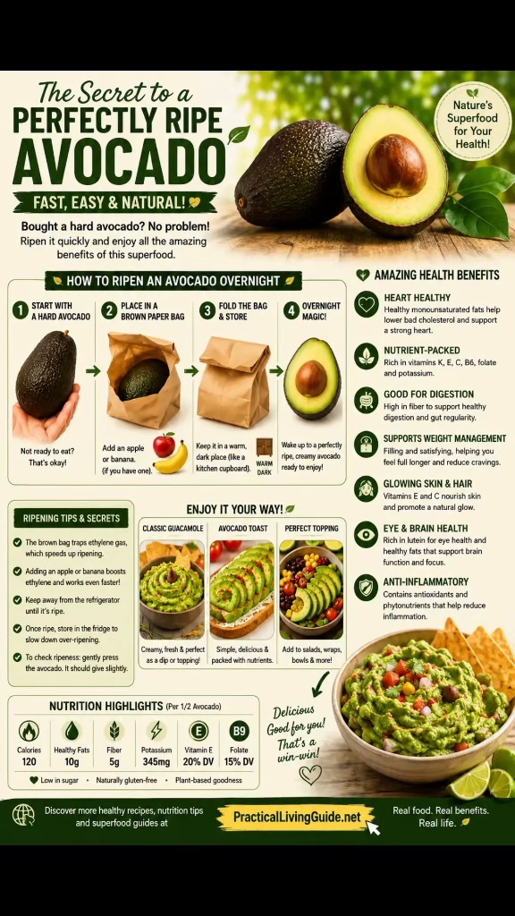 Avocado ripening guide showing firm and ripe avocados, the brown paper bag method, ripeness checks and storage tips.