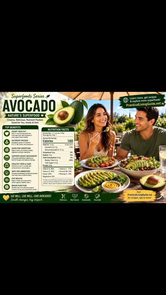 Avocado superfood infographic with sliced avocado, nutrition highlights, healthy fats, fiber, potassium and serving ideas.
