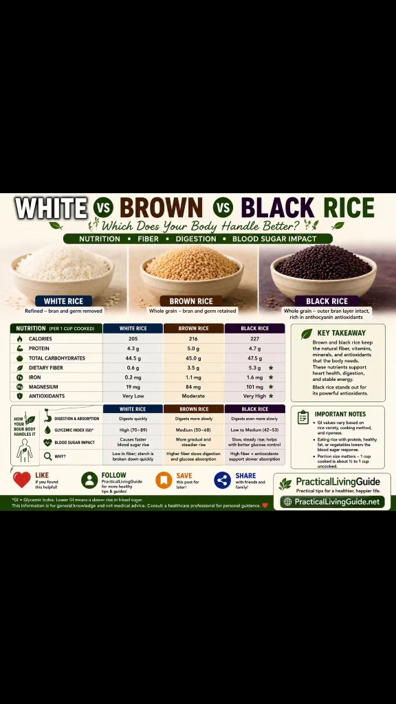 White, brown and black rice comparison infographic showing bowls of each rice with differences in processing, fiber, nutrition and uses.