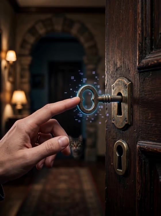Hand reaching toward a glowing key and old door lock in a mysterious dark hallway.