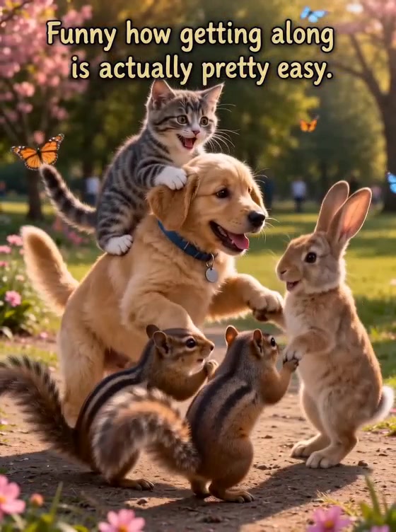 Dog, cat, rabbit and small animals gathered together outdoors with the words Funny how getting along is actually pretty easy.