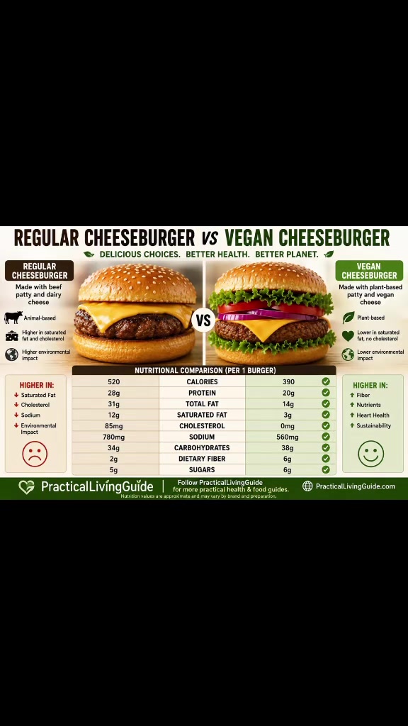 Side-by-side nutrition chart comparing a regular cheeseburger with a vegan cheeseburger.