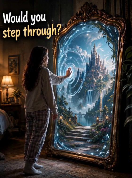 Woman standing before a glowing ornate mirror portal leading to a fantasy landscape with the words Would You Step Through?