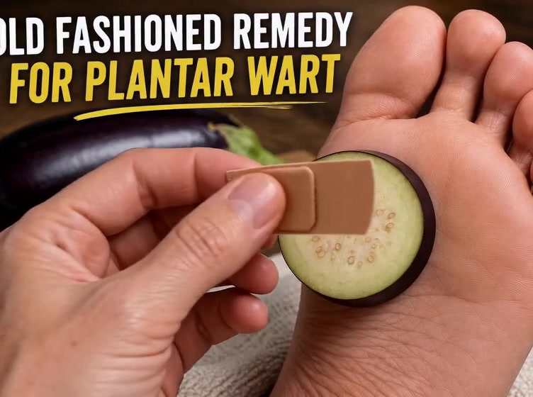 Video demonstration showing a slice of eggplant placed over a plantar wart and covered with a bandage.