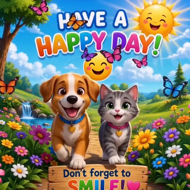 Colorful cheerful scene with a smiling dog and cat, sunshine, butterflies and the words Have a Happy Day.