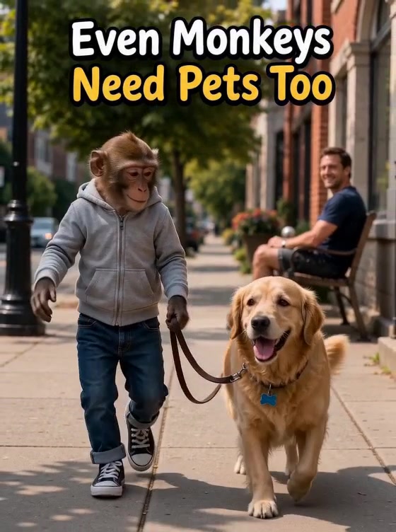 Playful scene of a monkey walking beside a golden dog with the words Even Monkeys Need Pets Too.