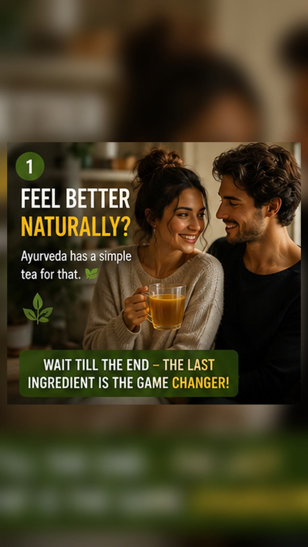 Warm golden turmeric tea with turmeric root and Ayurvedic ingredient information.