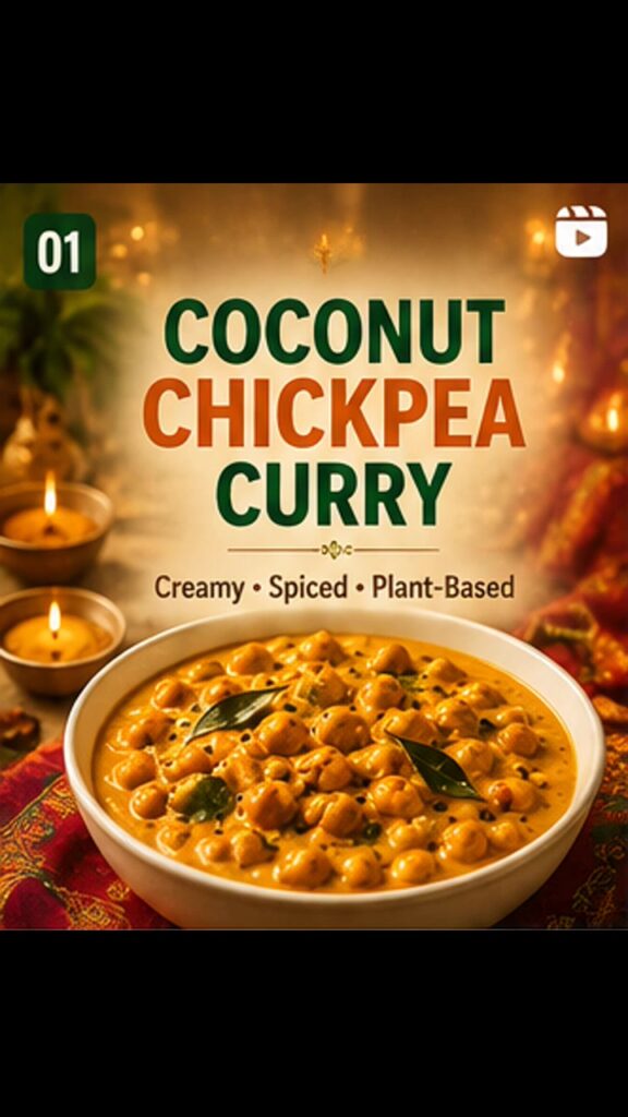 Step-by-step video showing coconut chickpea curry being cooked and served with suggested side dishes.