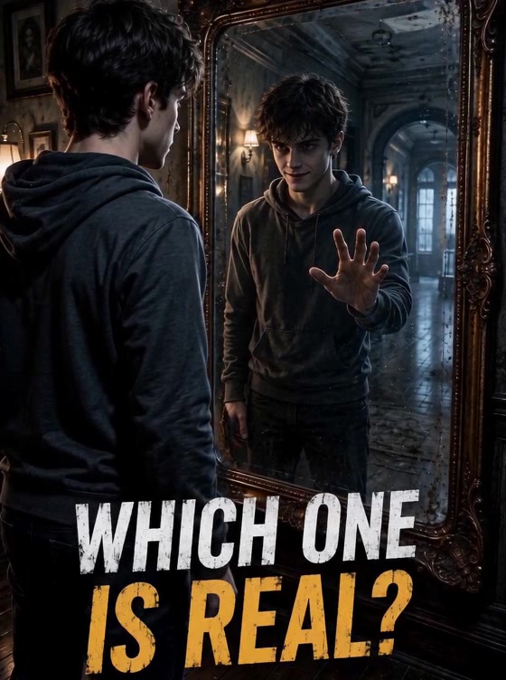 Dark mirror-mystery scene showing a person facing a reflection with the words Which One Is Real?