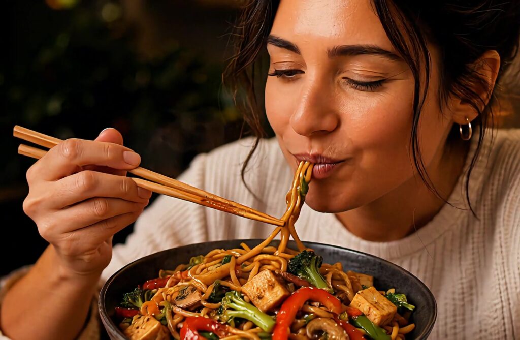 Video showing a woman enjoying a colorful bowl of vegan stir-fry noodles with vegetables.