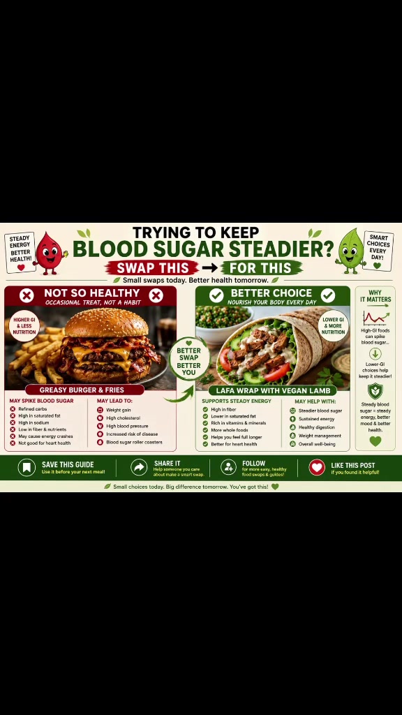 Healthy food swap chart comparing a less balanced meal with a more balanced lower-glycemic alternative.