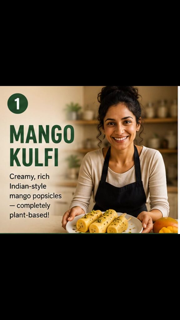 Step-by-step video showing vegan mango kulfi being mixed, frozen and finished with chopped pistachios.