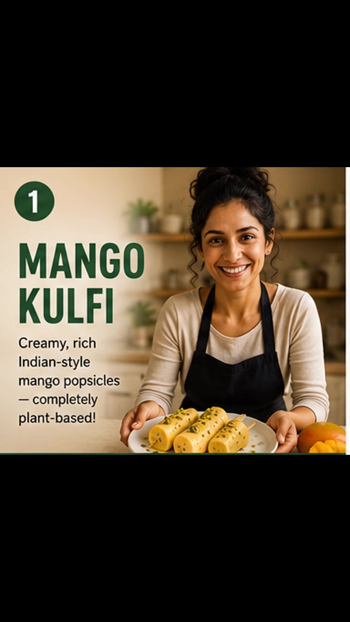 Step-by-step video showing vegan mango kulfi being mixed, frozen and finished with chopped pistachios.