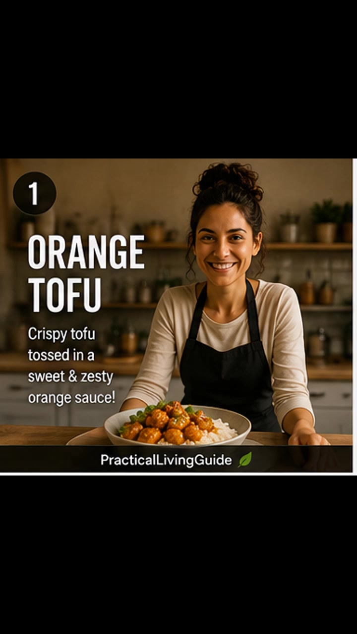 Step-by-step video showing crispy tofu being prepared and coated in orange sauce, then served with rice.