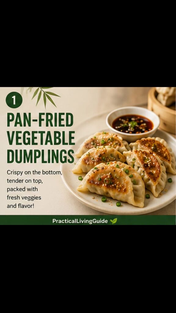 Video showing vegetable dumplings being pan-fried, steamed with water and served with dipping sauce.