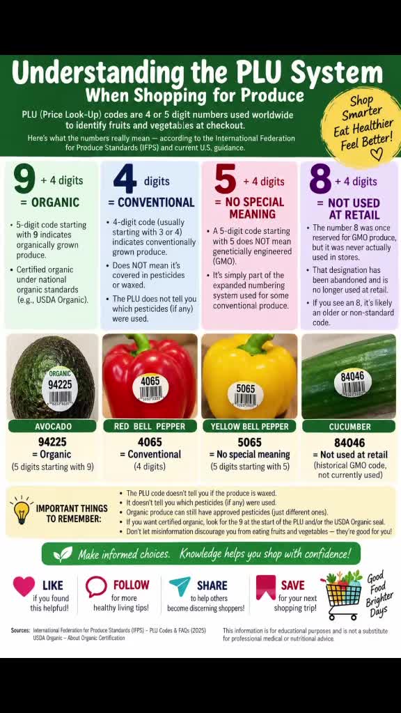 Produce PLU code guide explaining organic and conventional sticker numbers.