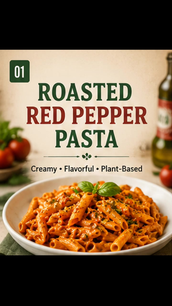 Step-by-step video showing roasted red pepper sauce being blended, mixed with pasta and served.