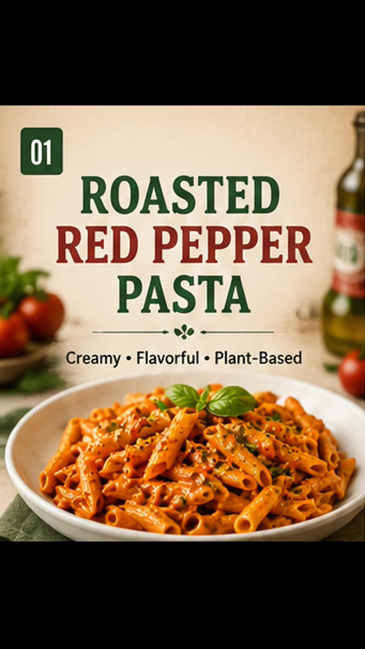 Step-by-step video showing roasted red pepper sauce being blended, mixed with pasta and served.