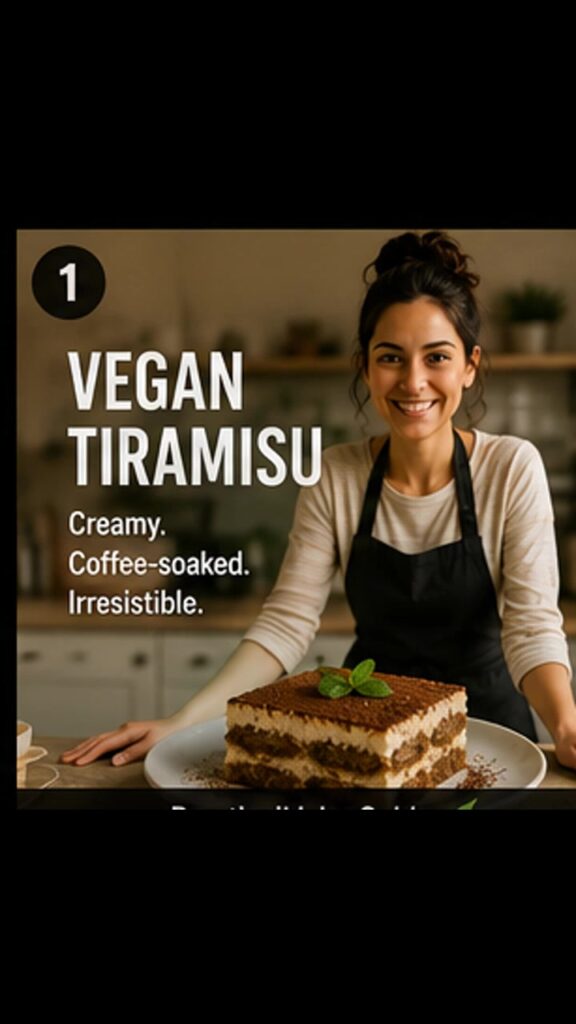 Step-by-step video showing vegan tiramisu ingredients, layered coffee-soaked ladyfingers and the finished dessert.