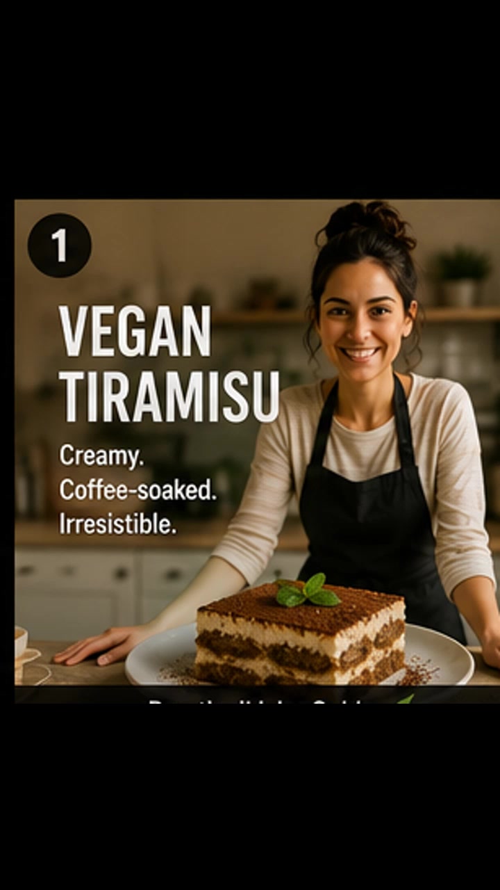 Step-by-step video showing vegan tiramisu ingredients, layered coffee-soaked ladyfingers and the finished dessert.
